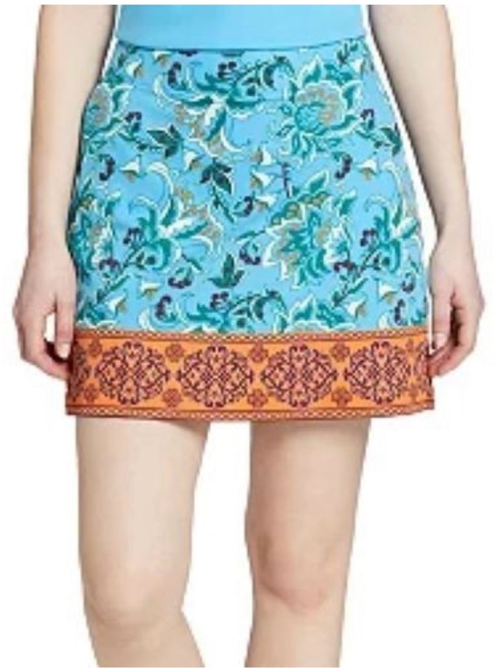 Lady Hagen Turquoise Blue Floral Mini Skirt/Skort with Orange Hem, Size 2